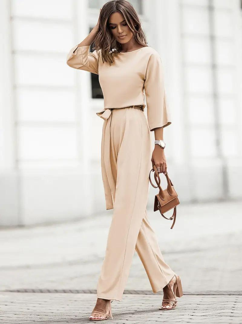 Damen Jumpsuit Weite Beinform Dreiviertelärmel Elegante Passform