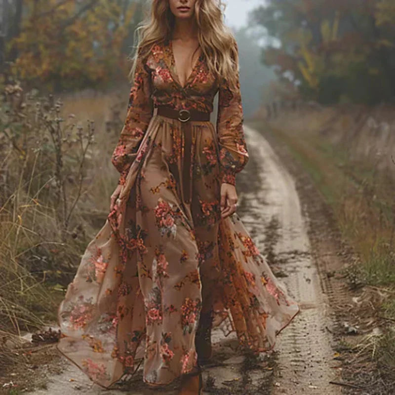 Damen Boho Maxi-Kleid Rüschen
