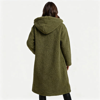 Damen Teddy Mantel Lang Kapuze Komfort Beige