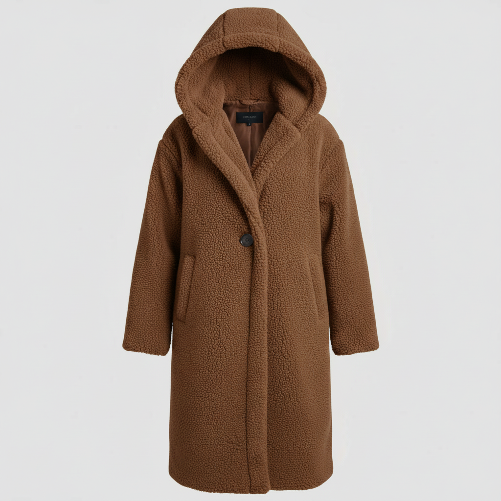 Damen Teddy Mantel Lang Kapuze Komfort Beige