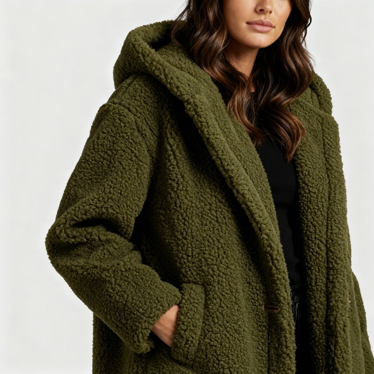Damen Teddy Mantel Lang Kapuze Komfort Beige