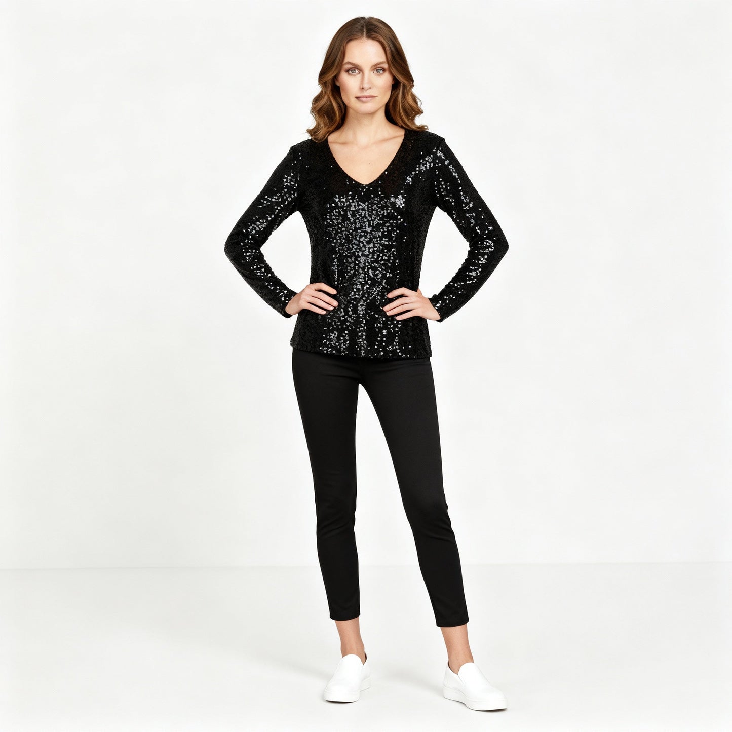 Damen Glitzer V-Ausschnitt Eleganz