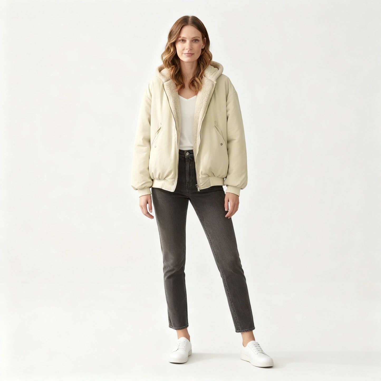 Damen Winterjacke Oversized Komfort Fleece Warm Beige