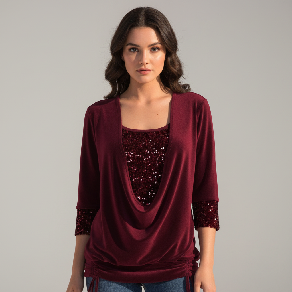 Damen Pailletten Langarmbluse Figurfreundlich - Eveloria