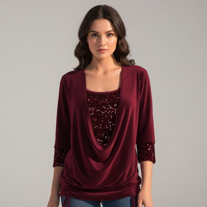 Damen Pailletten Langarmbluse Figurfreundlich - Eveloria