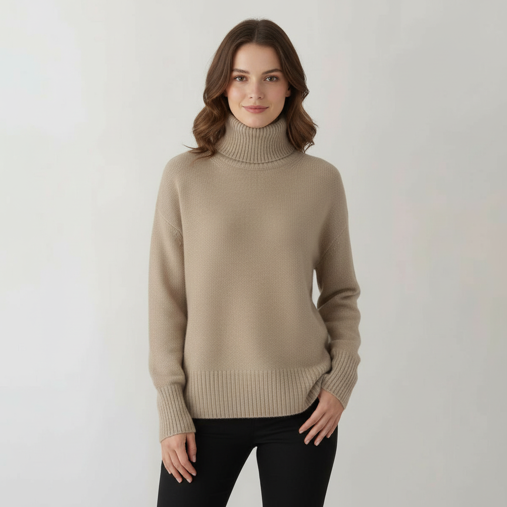 Damen Kaschmirpullover Rollkragen Beige - Eveloria