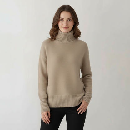 Damen Kaschmirpullover Rollkragen Beige - Eveloria