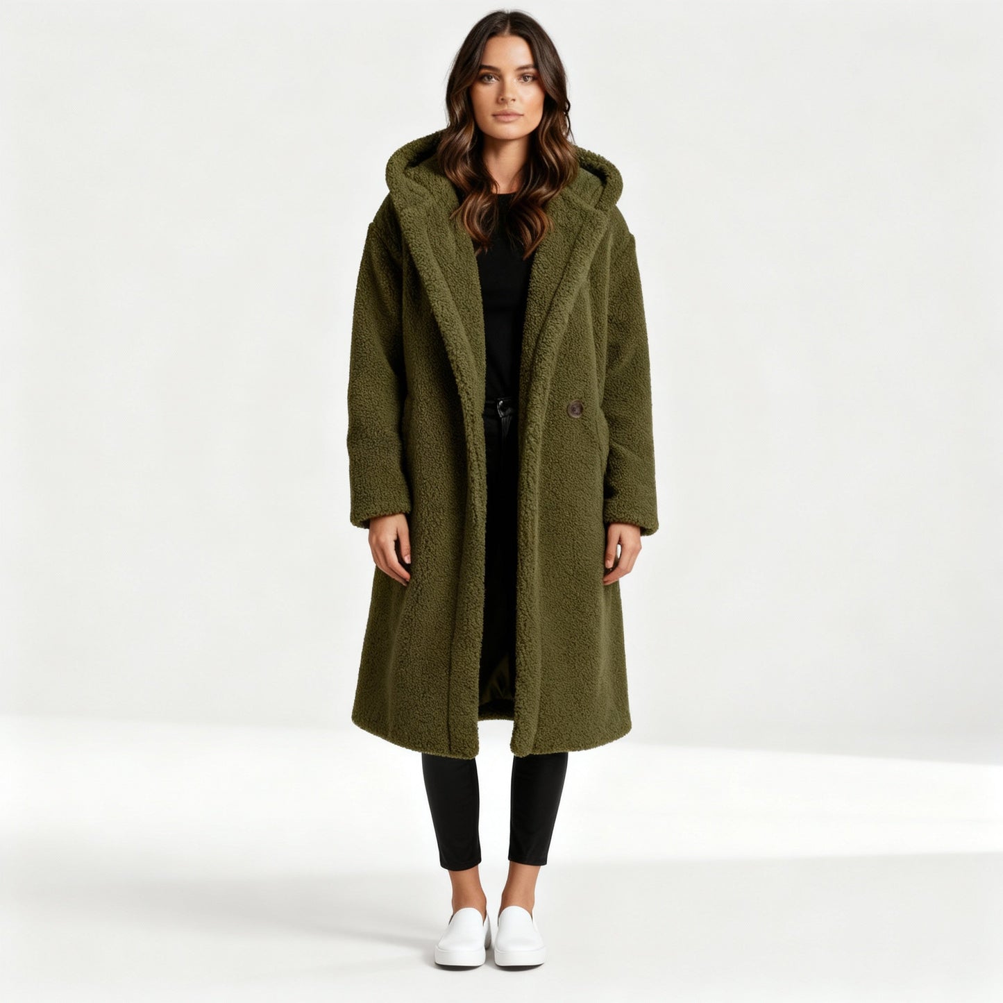 Damen Teddy Mantel Lang Kapuze Komfort Beige