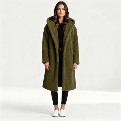 Damen Teddy Mantel Lang Kapuze Komfort Beige