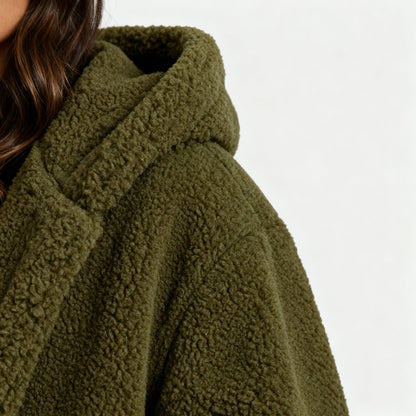 Damen Teddy Mantel Lang Kapuze Komfort Beige