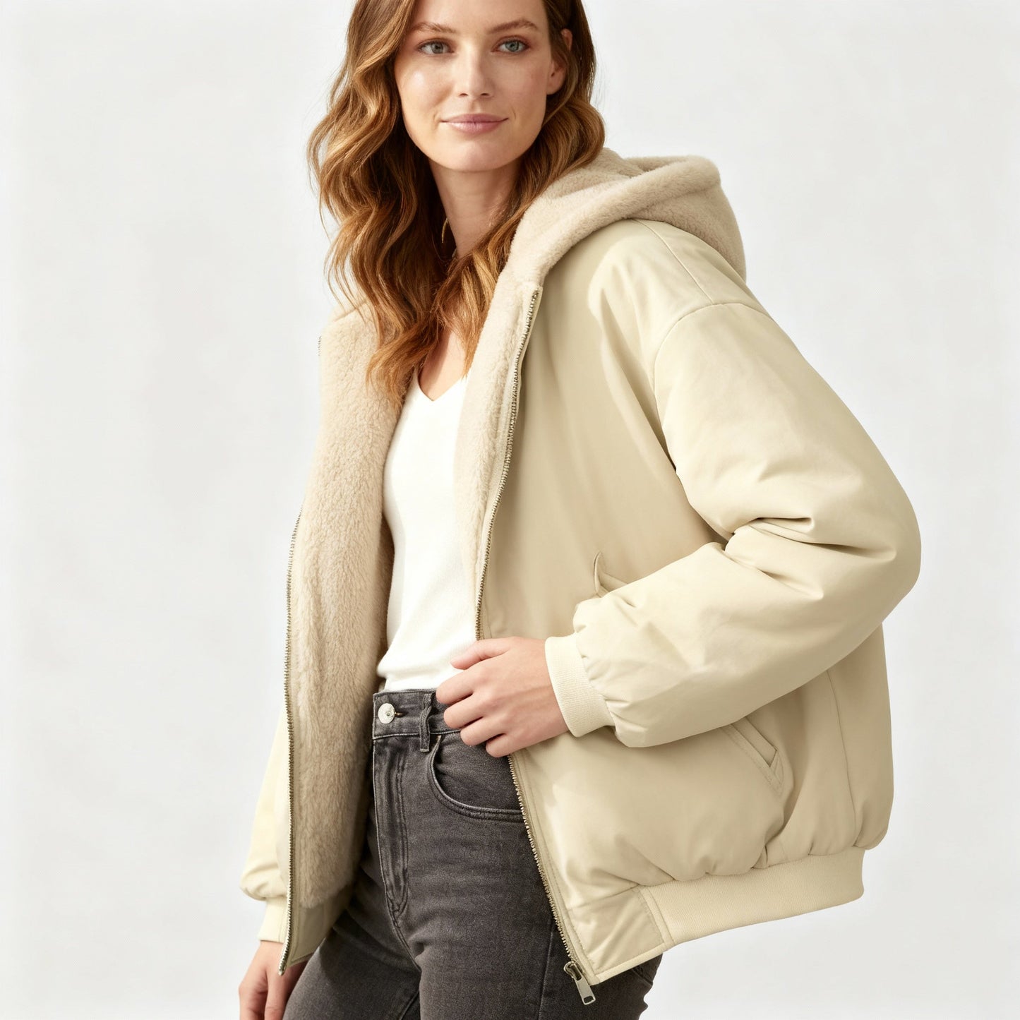 Damen Winterjacke Oversized Komfort Fleece Warm Beige