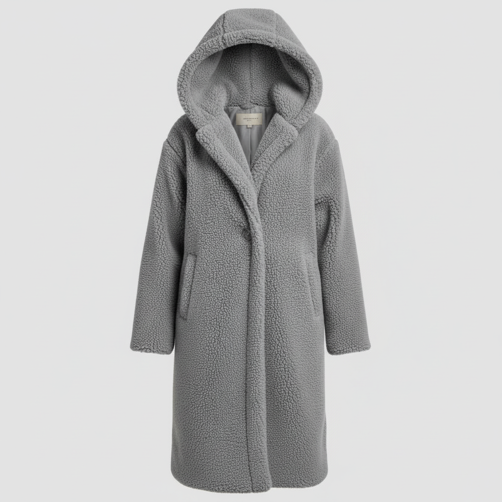 Damen Teddy Mantel Lang Kapuze Komfort Beige