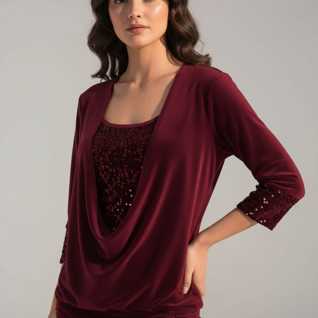 Damen Pailletten Langarmbluse Figurfreundlich