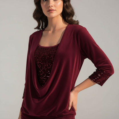 Damen Pailletten Langarmbluse Figurfreundlich