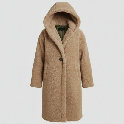 Damen Teddy Mantel Lang Kapuze Komfort Beige