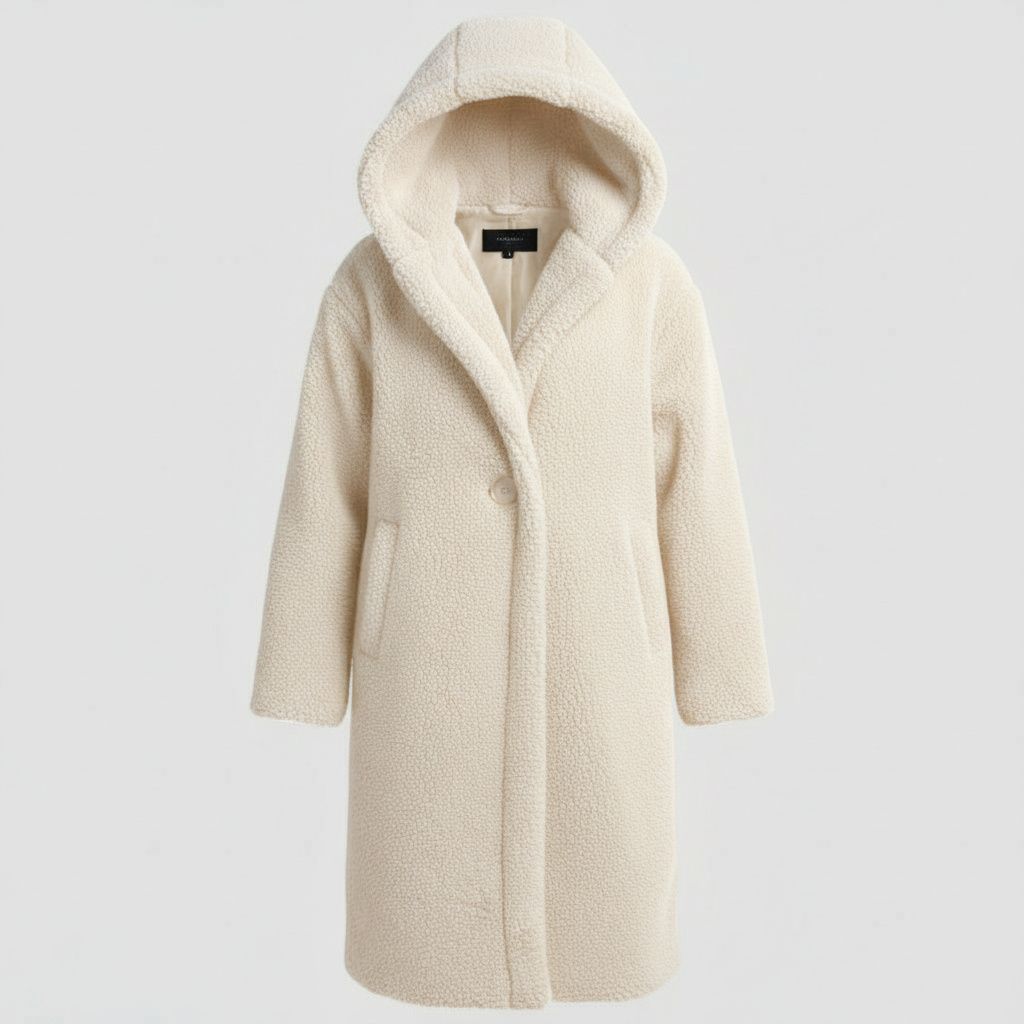 Damen Teddy Mantel Lang Kapuze Komfort Beige