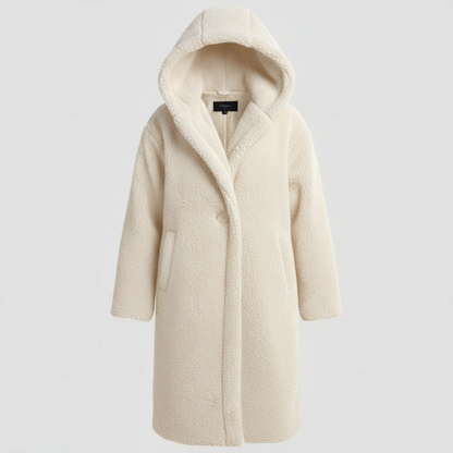 Damen Teddy Mantel Lang Kapuze Komfort Beige