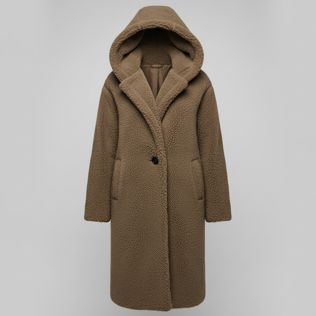 Damen Teddy Mantel Lang Kapuze Komfort Beige