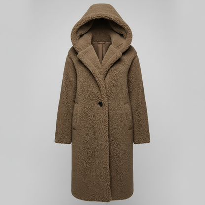 Damen Teddy Mantel Lang Kapuze Komfort Beige