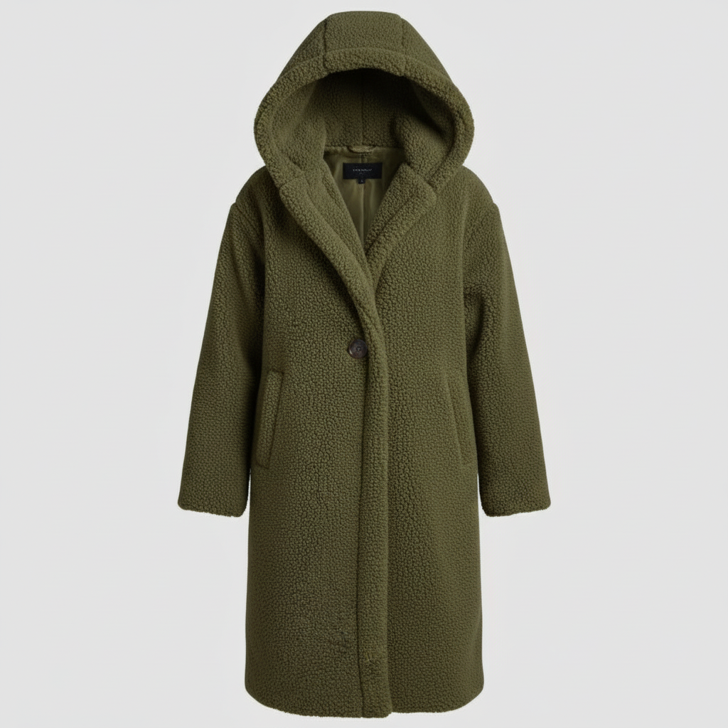 Damen Teddy Mantel Lang Kapuze Komfort Beige