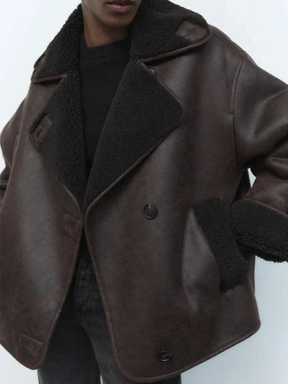 Damen Oversized Jacke Teddyfutter Großer Reverskragen
