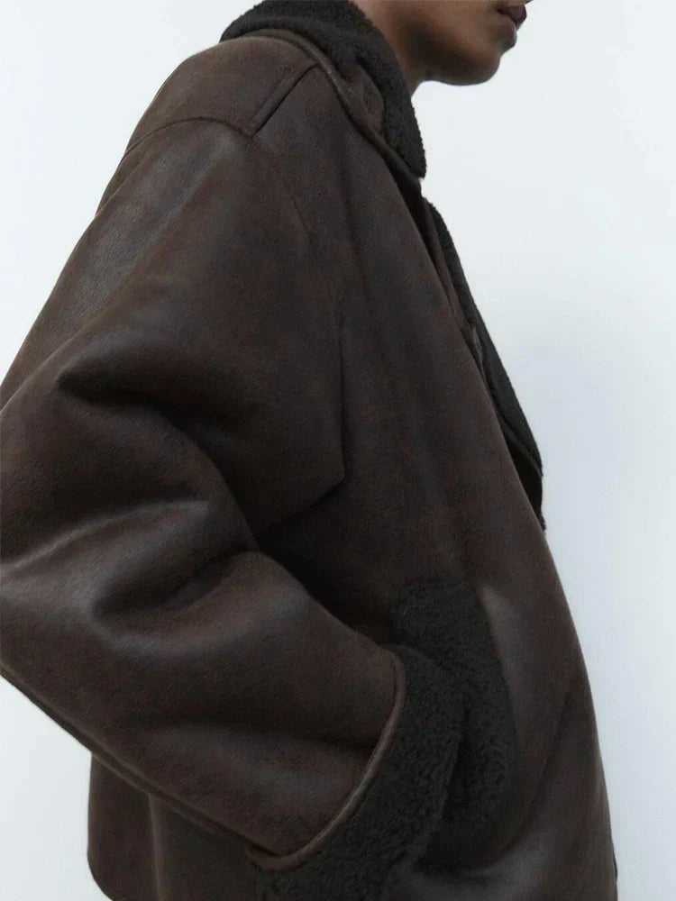 Damen Oversized Jacke Teddyfutter Großer Reverskragen
