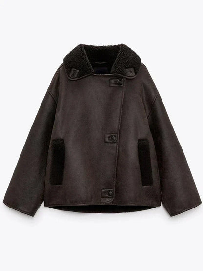 Damen Oversized Jacke Teddyfutter Großer Reverskragen