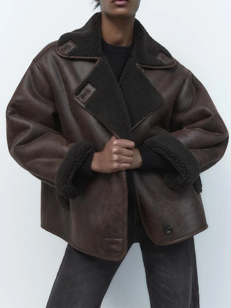 Damen Oversized Jacke Teddyfutter Großer Reverskragen