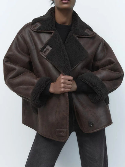 Damen Oversized Jacke Teddyfutter Großer Reverskragen