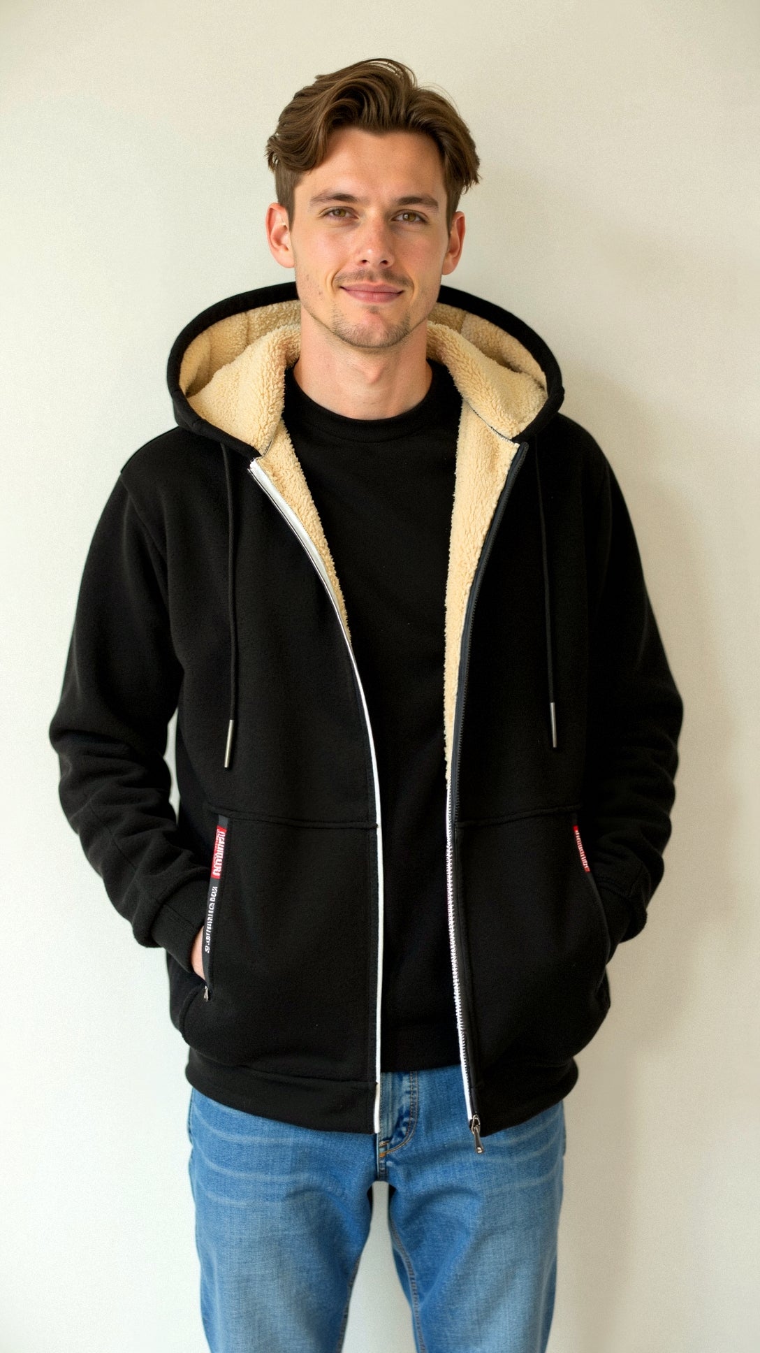 Herren Hoodie-Jacke Fellgefüttert Warm Mit Reißverschluss Schwarz - Eveloria
