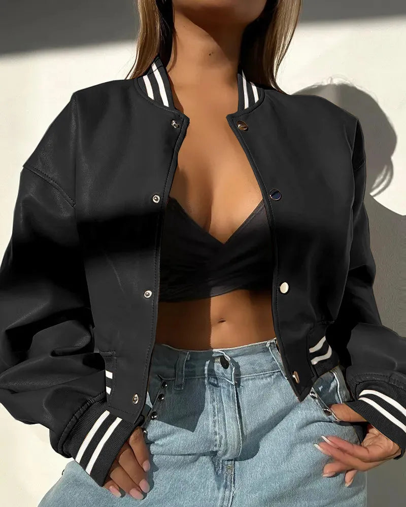 Damen Cropped Bomberjacke Baumwolle Druckknöpfe