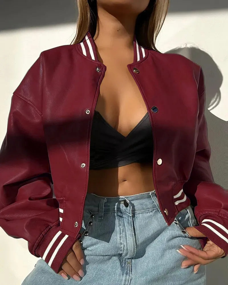 Damen Cropped Bomberjacke Baumwolle Druckknöpfe