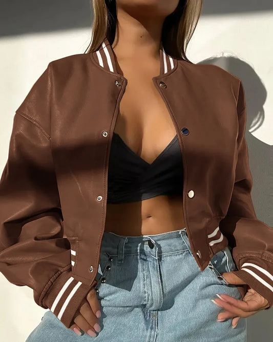 Damen Cropped Bomberjacke Baumwolle Druckknöpfe - Eveloria