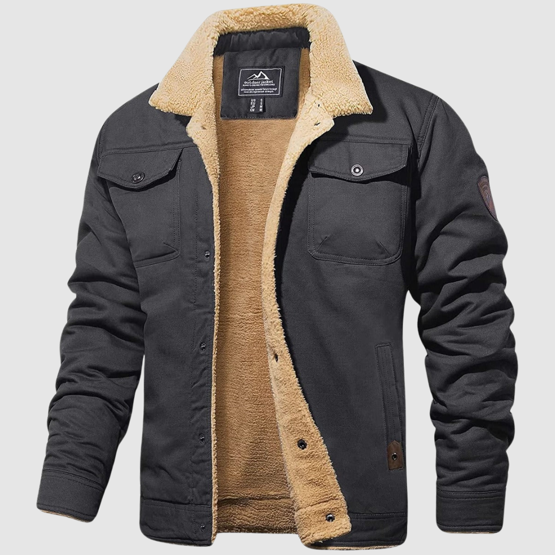 Herren Winterjacke Fleecegefüttert Knopfleiste Schwarz - Eveloria