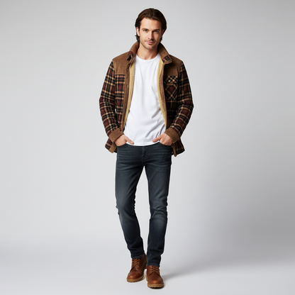 Herren Overshirt Fleecegefüttert Karomuster Warm Schwarz - Eveloria