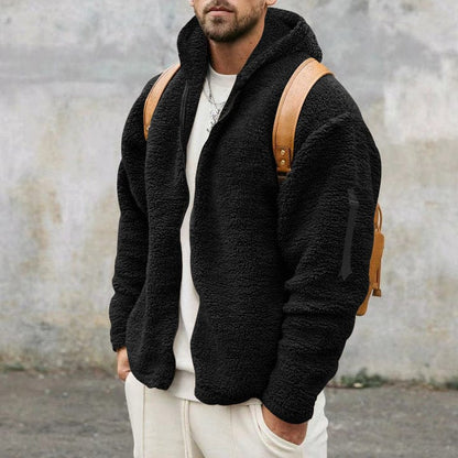 Herren Fleecejacke Kapuze Vollreißverschluss Teddylook Schwarz - Eveloria