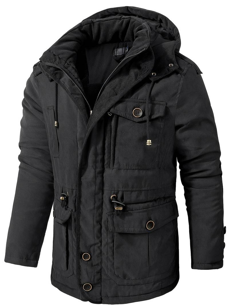 Herren Winterparka Kapuze Fleece Schwarz - Eveloria