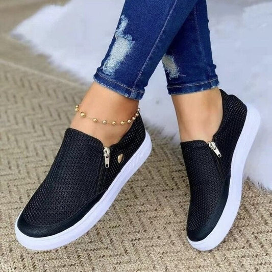 Damen Slip-On Plattformschuhe mit Reißverschluss Schwarz - Eveloria
