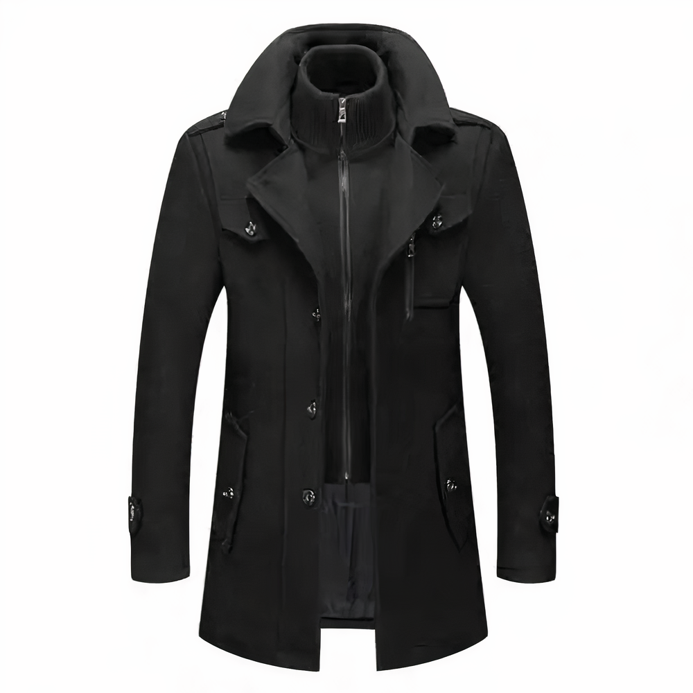 Herren Wintermantel Slim Fit Langer Stehkragen Schwarz - Eveloria