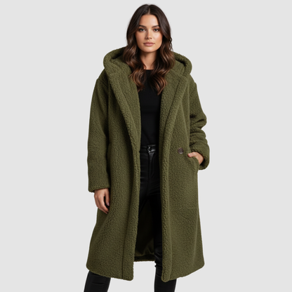 Damen Teddy Mantel Lang Kapuze Komfort Beige - Eveloria