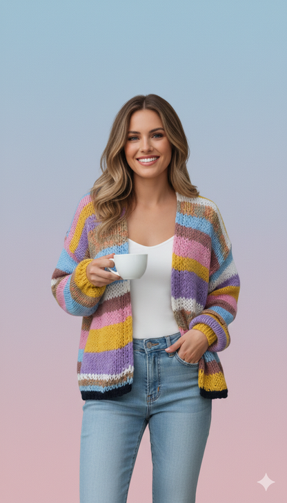 Eveloria Damen Strickpullover Farbenfroh Gestreift Offene Vorderseite