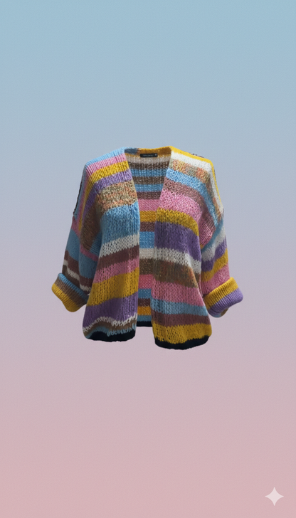 Eveloria Damen Strickpullover Farbenfroh Gestreift Offene Vorderseite