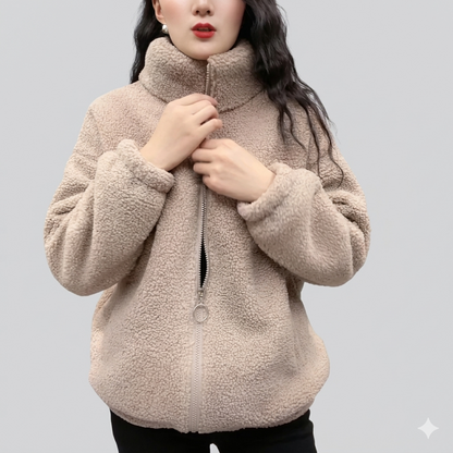 Damen Fleecejacke Flauschig Hochkragen Seitentaschen Eveloria