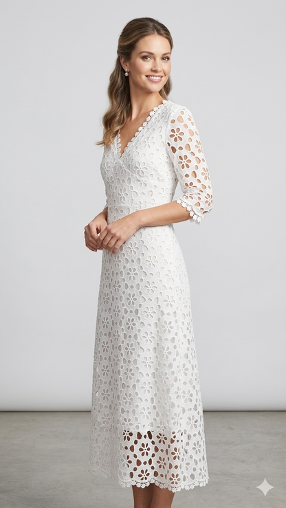 Damen Maxikleid Blumenstickerei V-Ausschnitt Eveloria