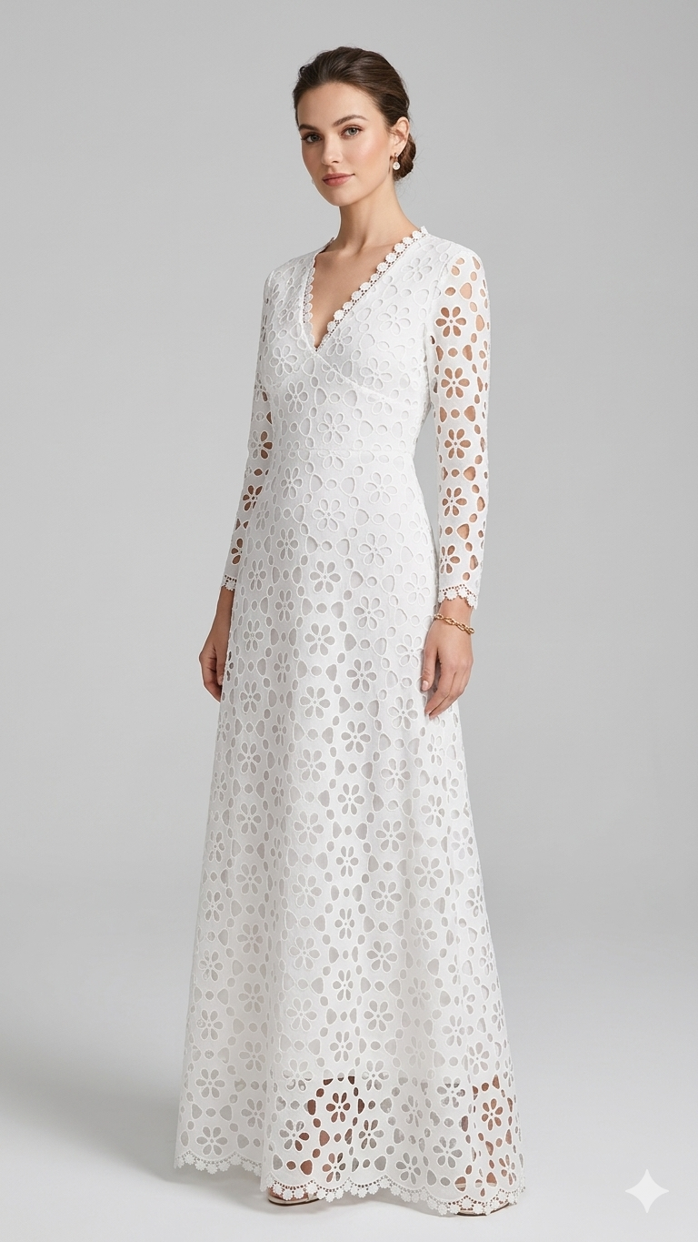 Damen Maxikleid Blumenstickerei V-Ausschnitt Eveloria