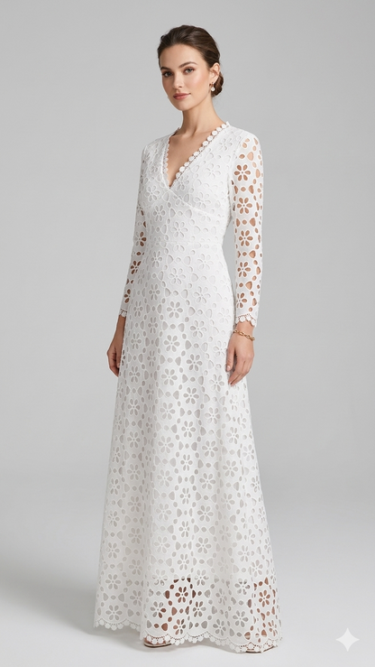 Damen Maxikleid Blumenstickerei V-Ausschnitt Eveloria