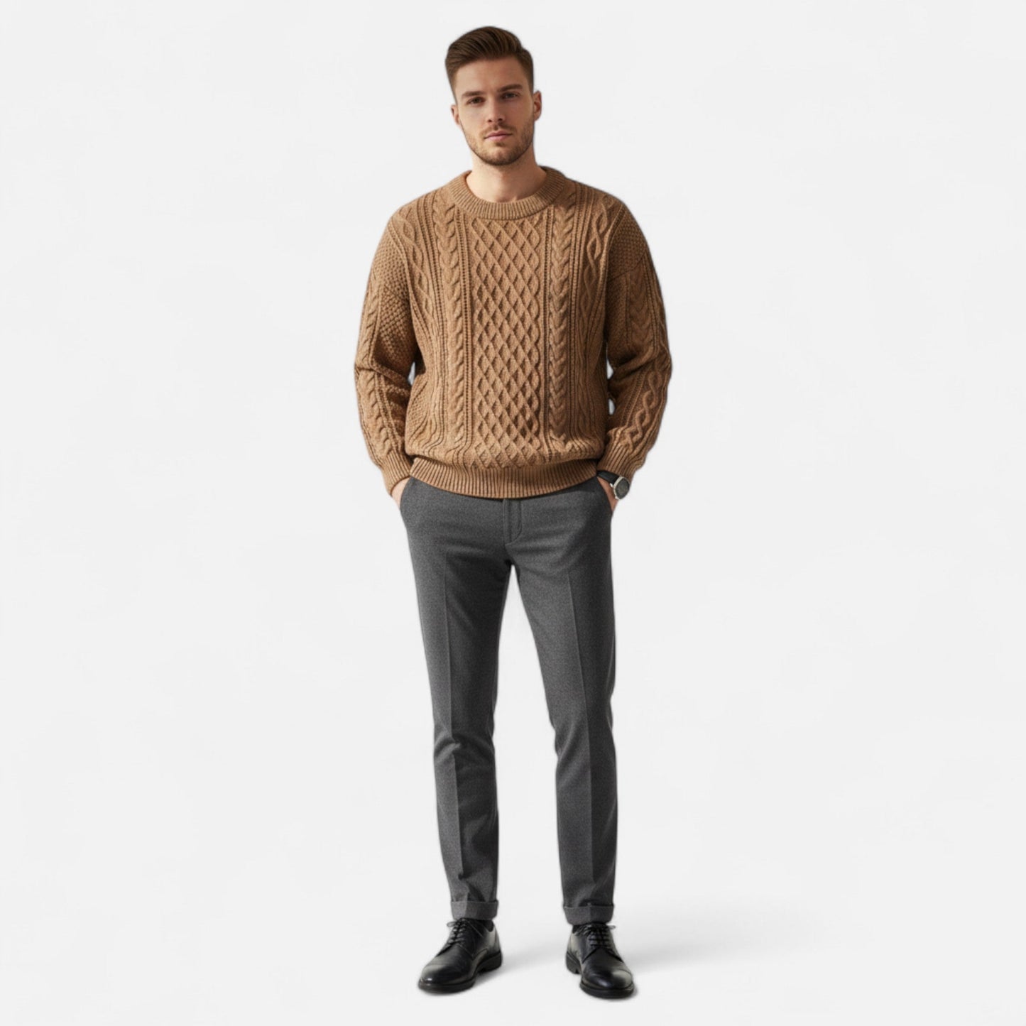 Herren Pullover Strukturiertes Zopfmuster Klassisch Warm Beige