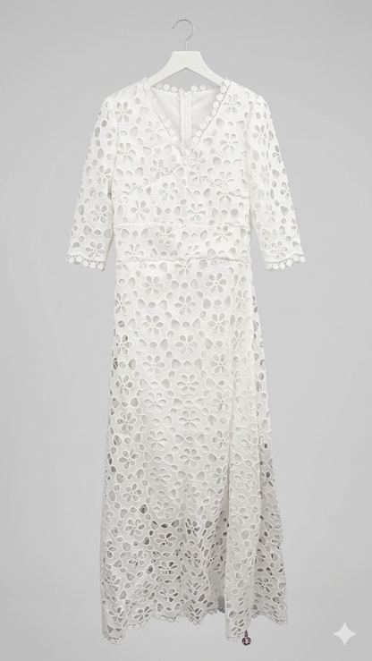 Damen Maxikleid Blumenstickerei V-Ausschnitt Eveloria