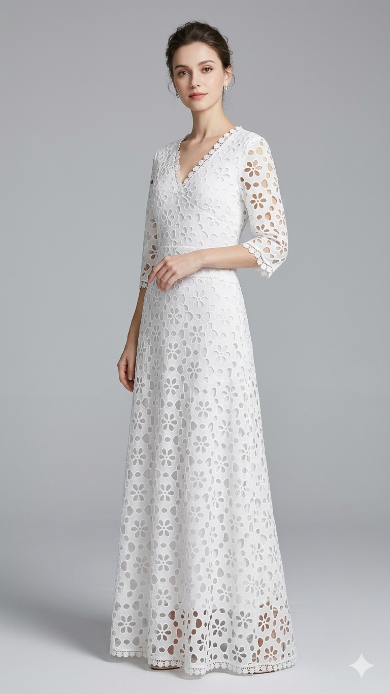Damen Maxikleid Blumenstickerei V-Ausschnitt Eveloria