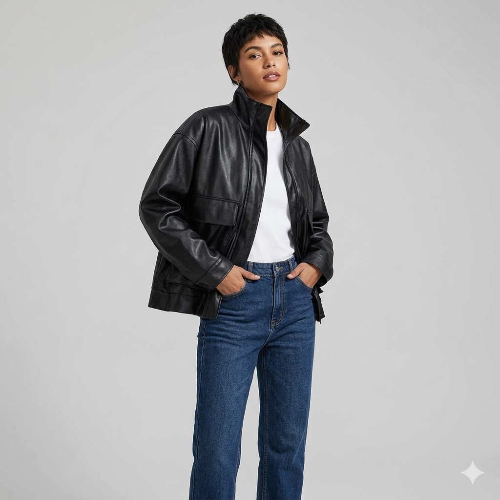 Damen Lederjacke Lässig Mit Taschen Eveloria